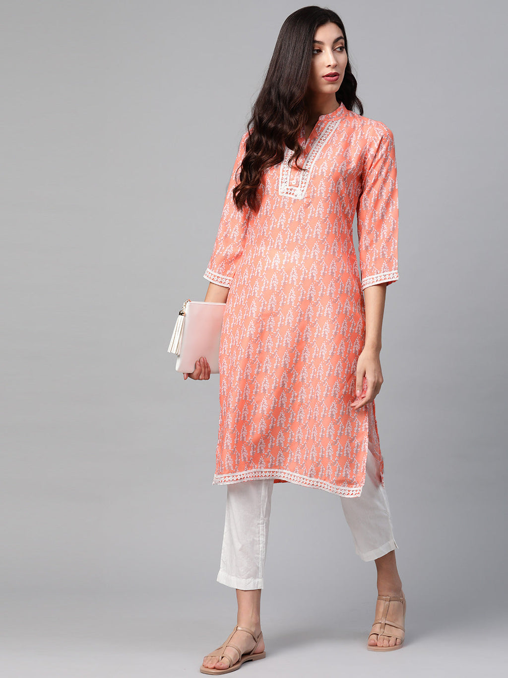Jompers Women Orange & Off White Ethnic Motifs Printed Kurta | Grocsy