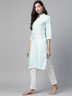 Jompers Women Sky Blue & Off White Floral Printed Kurta | Grocsy