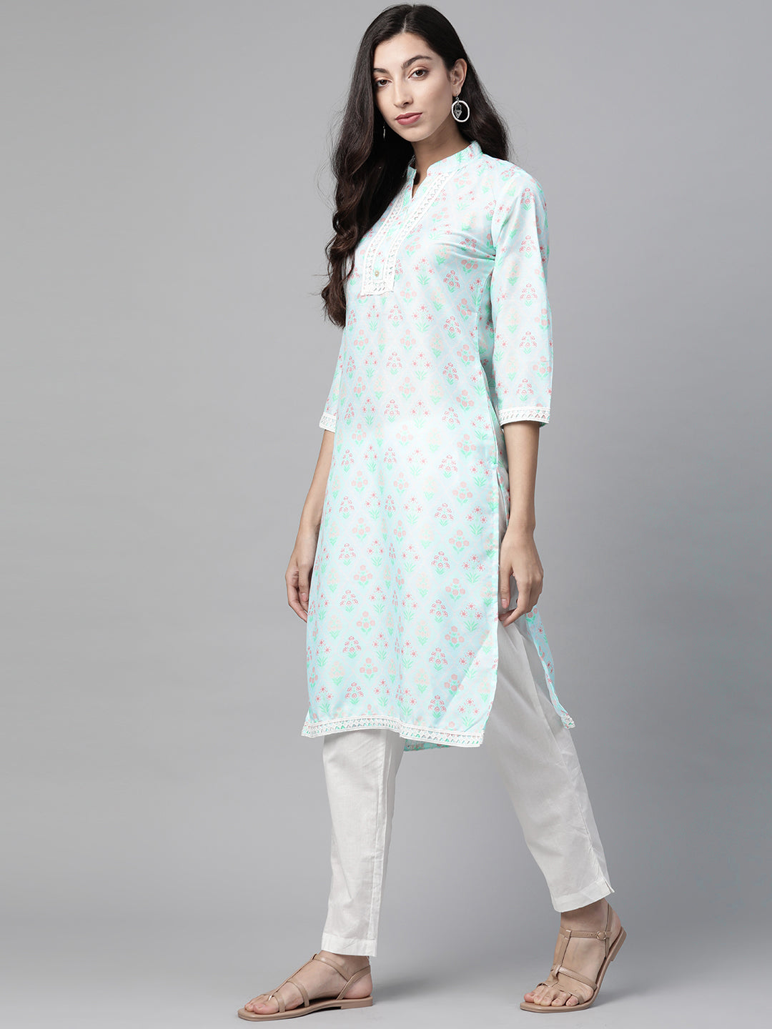 Jompers Women Sky Blue & Off White Floral Printed Kurta | Grocsy