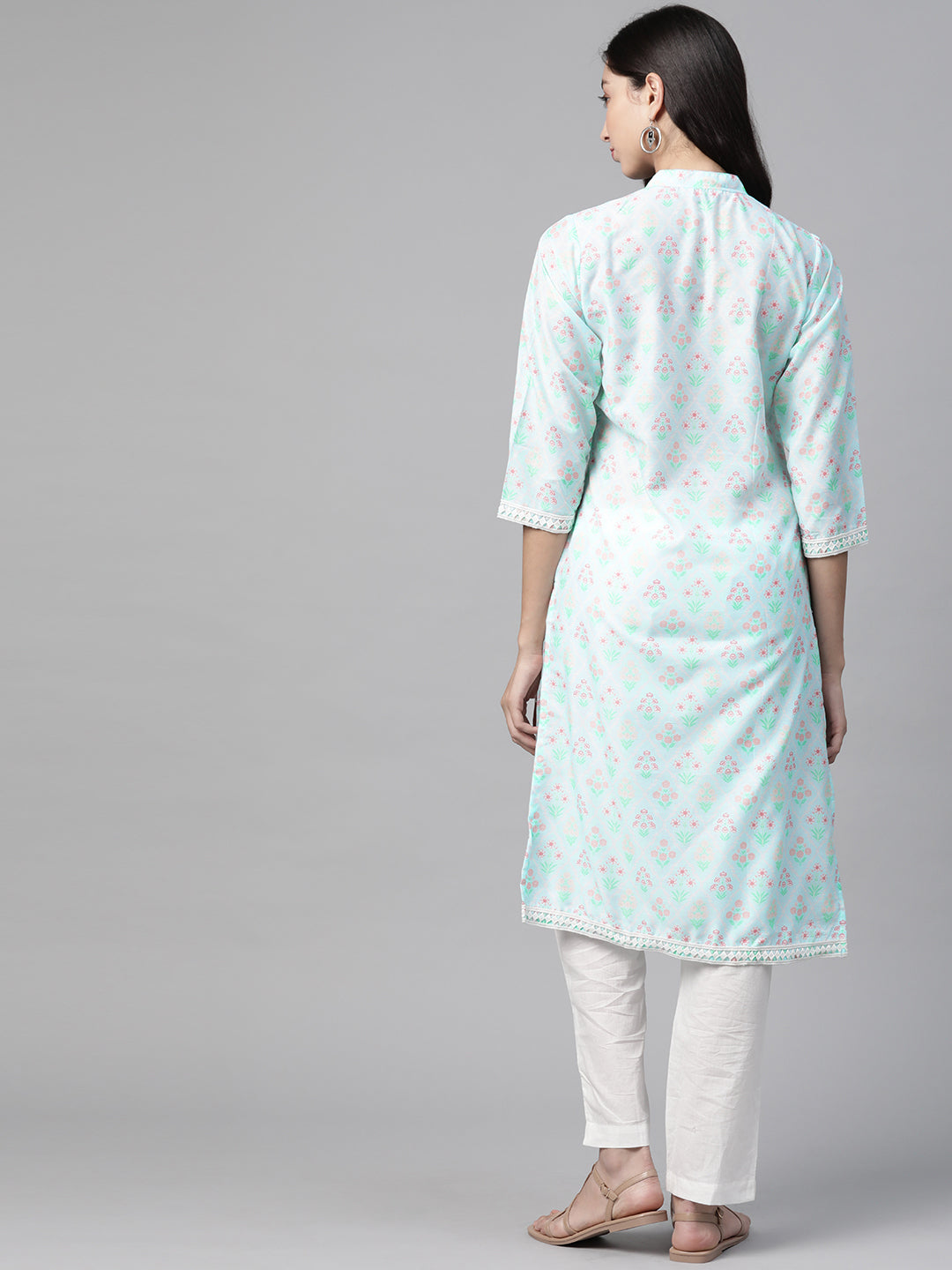 Jompers Women Sky Blue & Off White Floral Printed Kurta | Grocsy