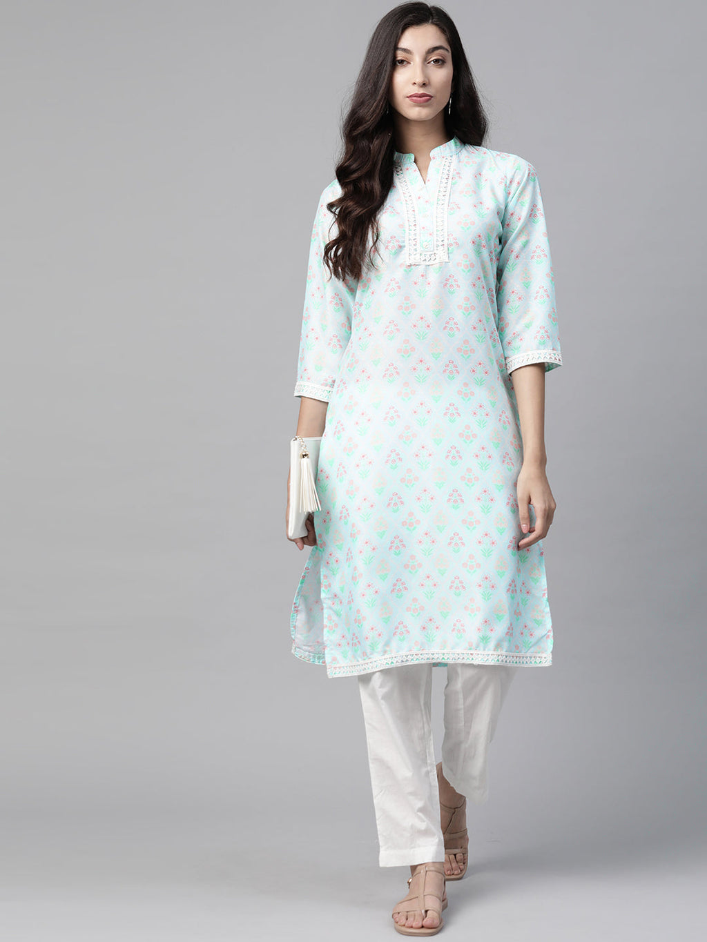 Jompers Women Sky Blue & Off White Floral Printed Kurta | Grocsy
