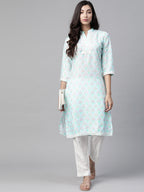 Jompers Women Sky Blue & Off White Floral Printed Kurta | Grocsy