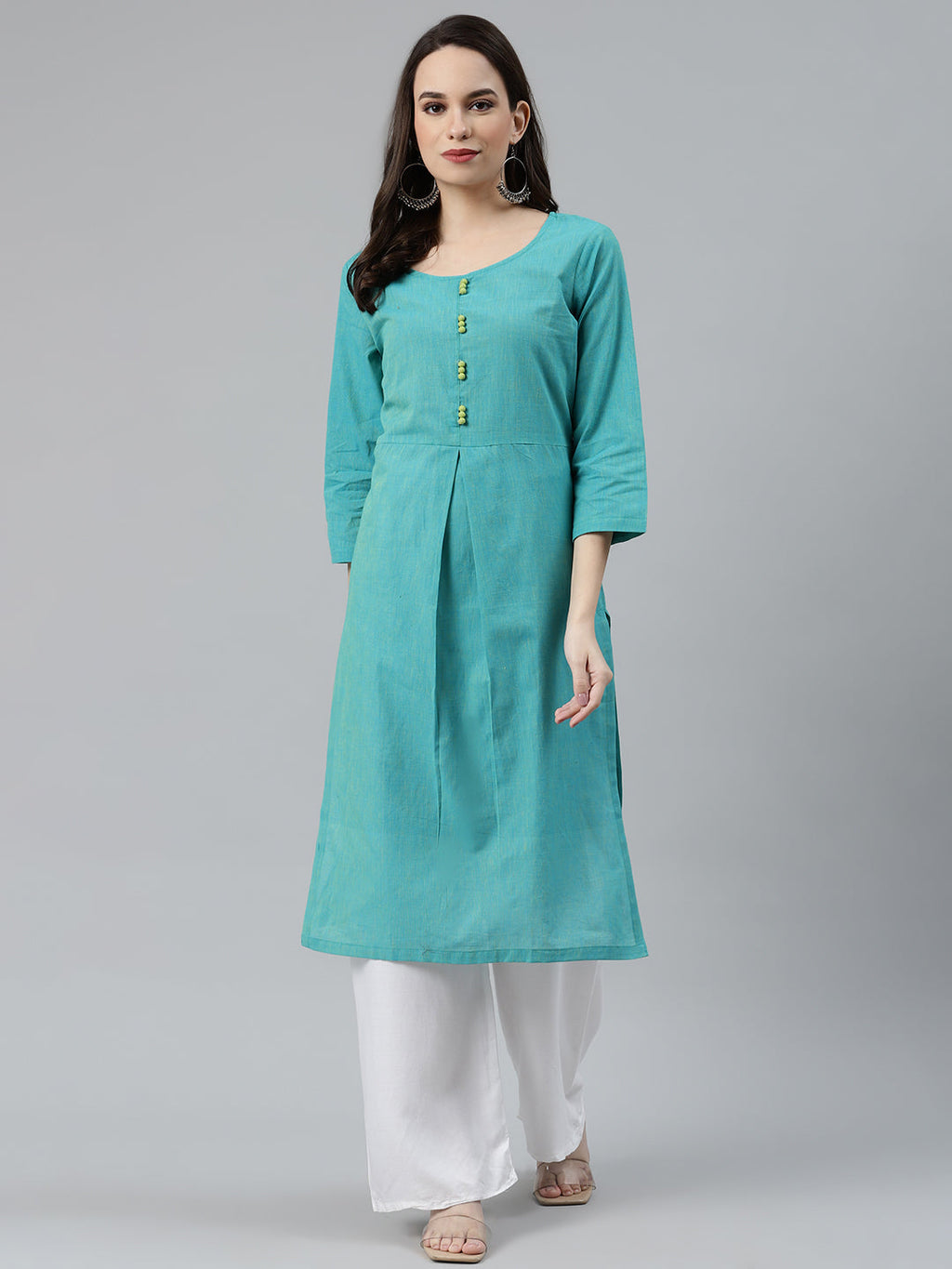 Jompers Women Blue Woven Design Pure Cotton Straight Pleated Kurta | Grocsy