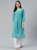 Jompers Women Blue Woven Design Pure Cotton Straight Pleated Kurta | Grocsy