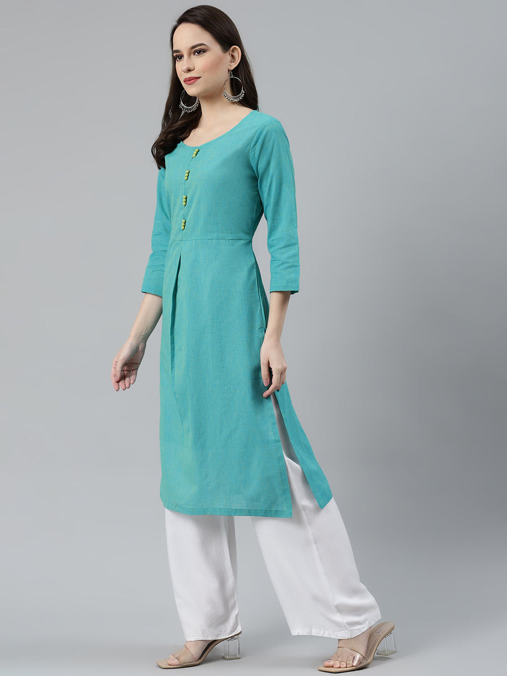 Jompers Women Blue Woven Design Pure Cotton Straight Pleated Kurta | Grocsy
