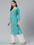 Jompers Women Blue Woven Design Pure Cotton Straight Pleated Kurta | Grocsy