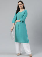Jompers Women Blue Woven Design Pure Cotton Straight Pleated Kurta | Grocsy