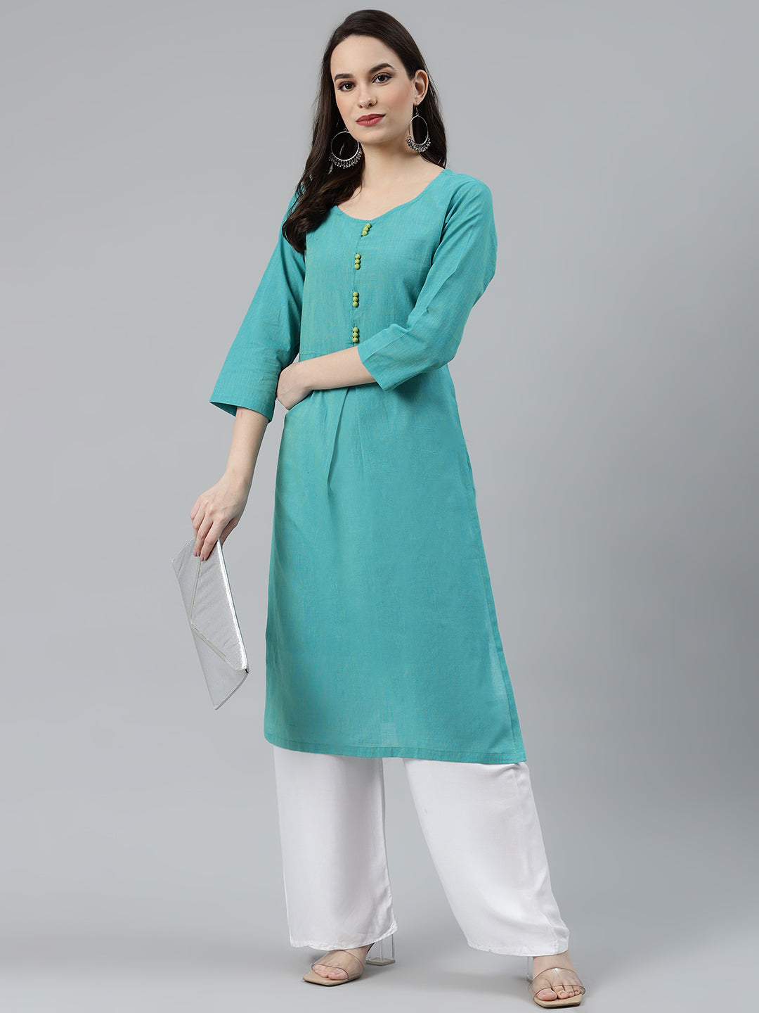 Jompers Women Blue Woven Design Pure Cotton Straight Pleated Kurta | Grocsy