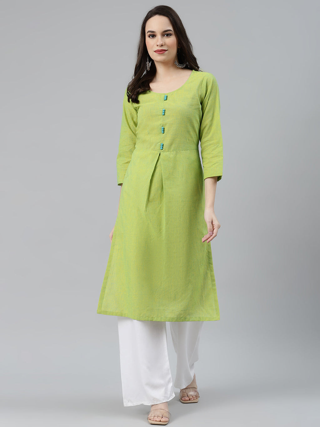 Jompers Women Green Woven Design Pure Cotton Straight Pleated Kurta | Grocsy