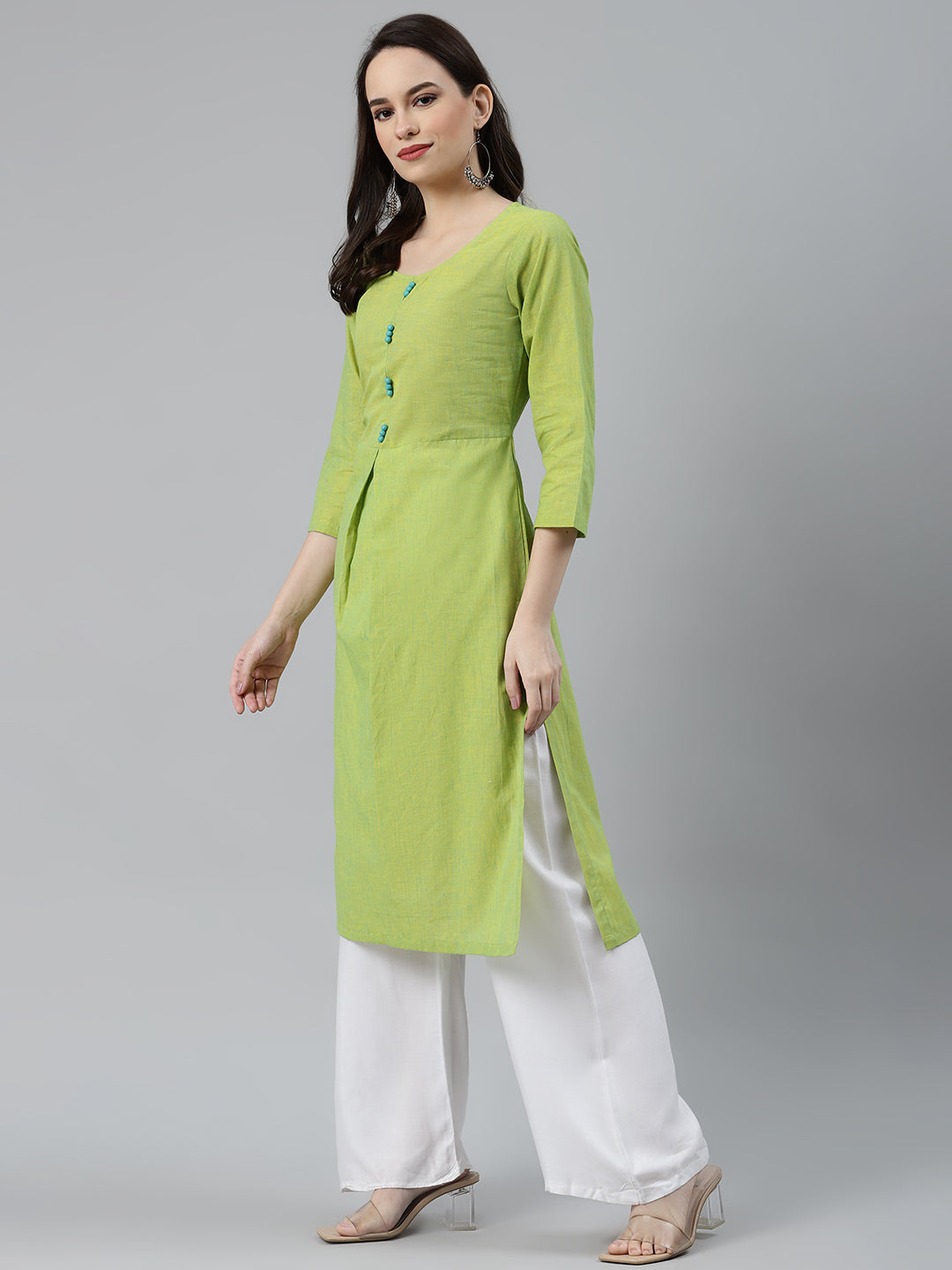 Jompers Women Green Woven Design Pure Cotton Straight Pleated Kurta | Grocsy
