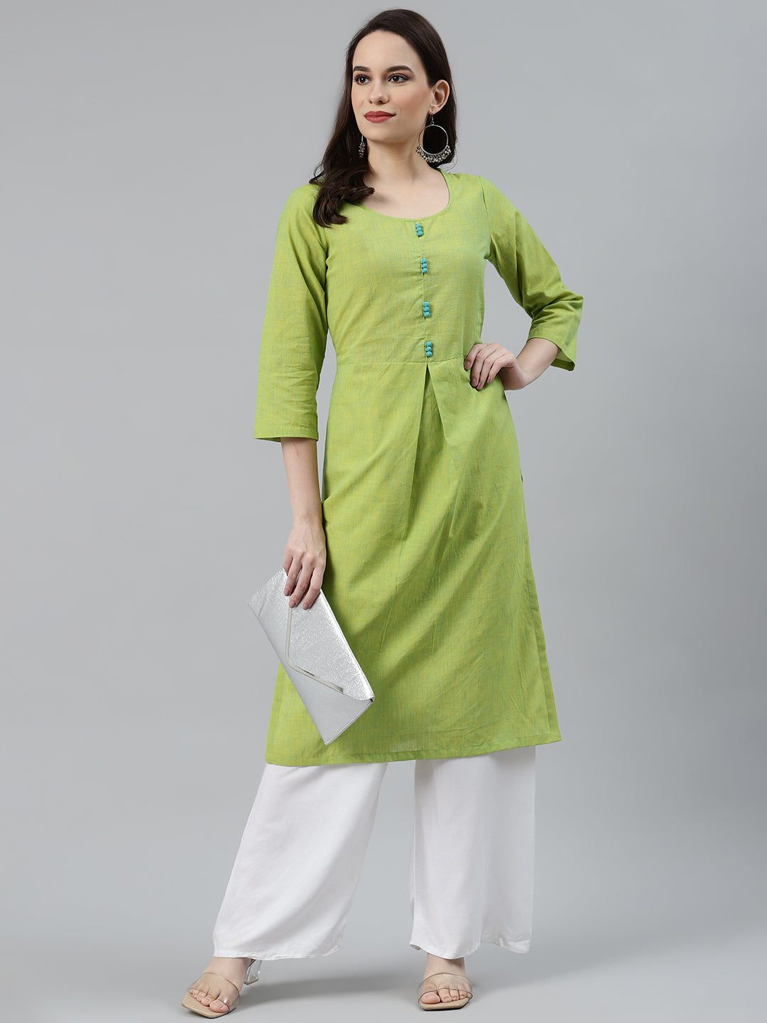 Jompers Women Green Woven Design Pure Cotton Straight Pleated Kurta | Grocsy