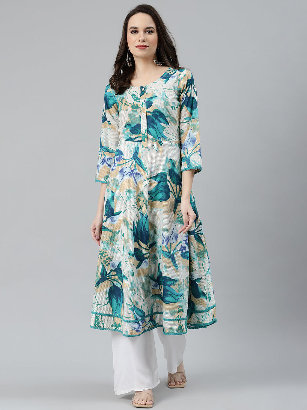 Jompers Women Off White & Blue Floral Printed Floral Anarkali Kurta | Grocsy