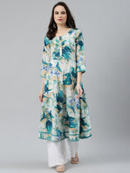 Jompers Women Off White & Blue Floral Printed Floral Anarkali Kurta | Grocsy