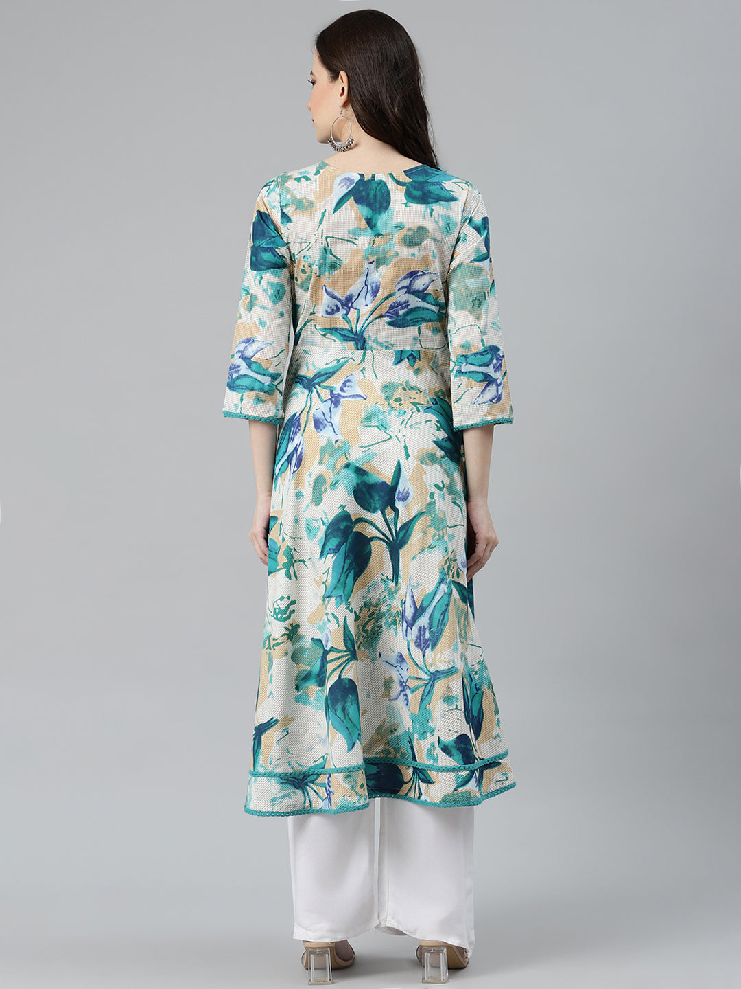 Jompers Women Off White & Blue Floral Printed Floral Anarkali Kurta | Grocsy