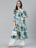 Jompers Women Off White & Blue Floral Printed Floral Anarkali Kurta | Grocsy
