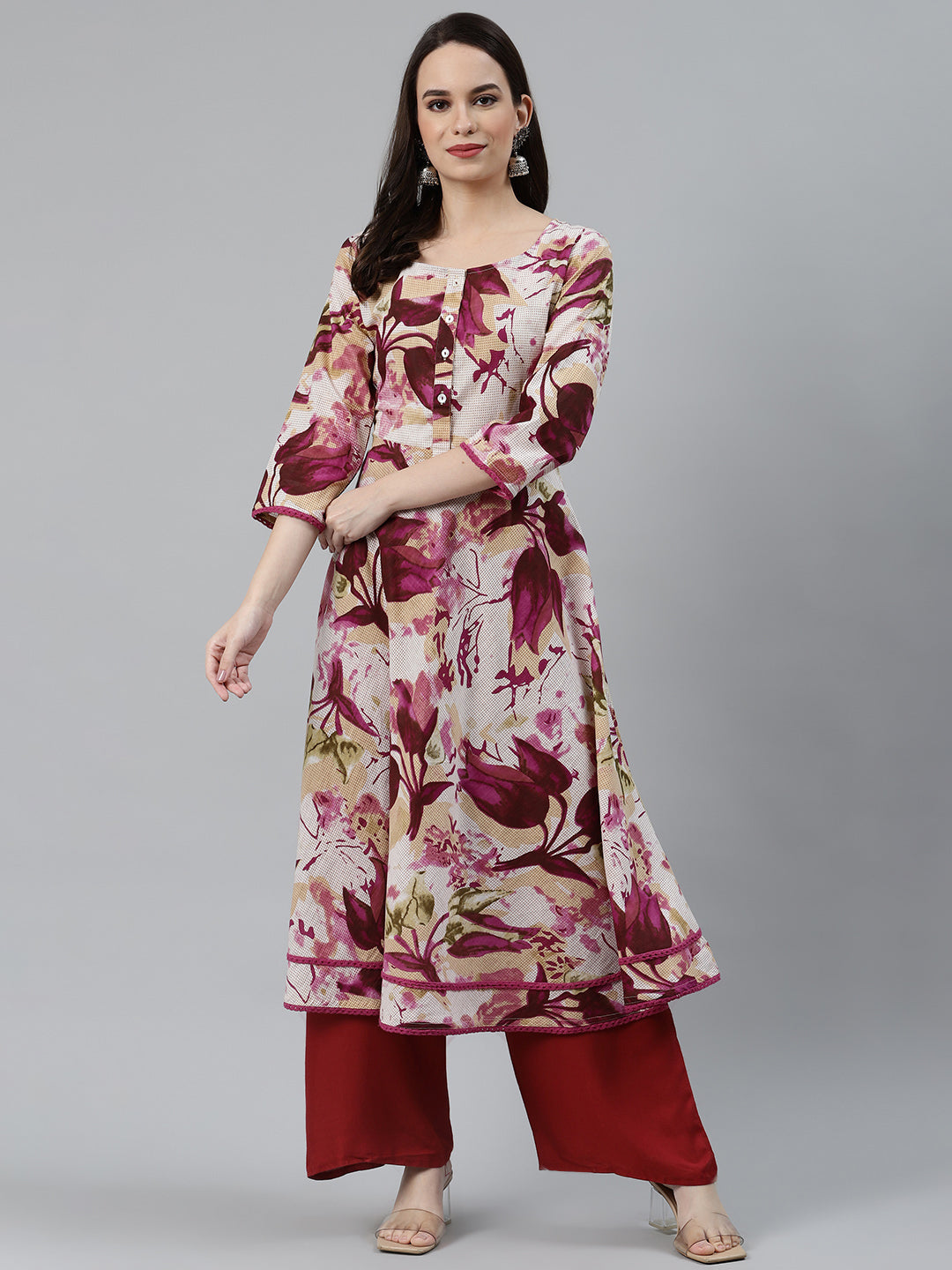 Jompers Women Off White & Purple Floral Printed Floral Anarkali Kurta | Grocsy