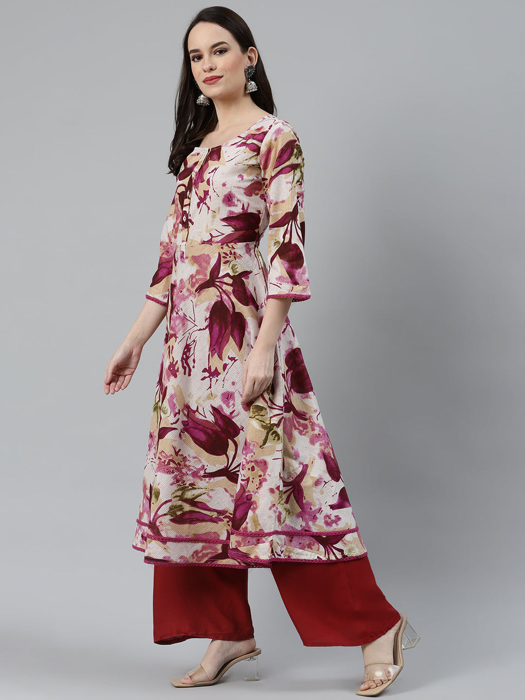 Jompers Women Off White & Purple Floral Printed Floral Anarkali Kurta | Grocsy