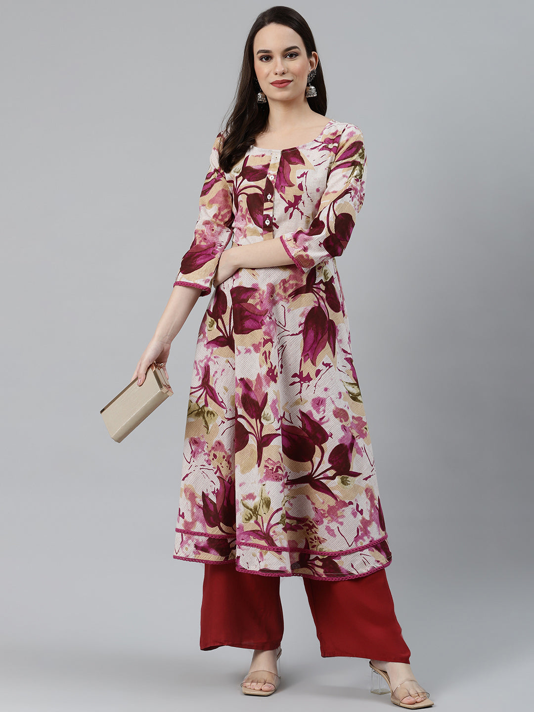 Jompers Women Off White & Purple Floral Printed Floral Anarkali Kurta | Grocsy