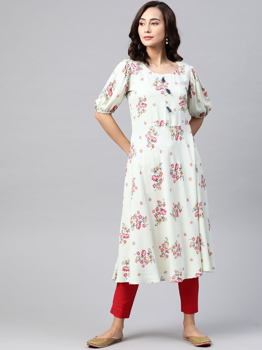 Jompers Women Green & Red Floral Printed A-Line Kurta | Grocsy