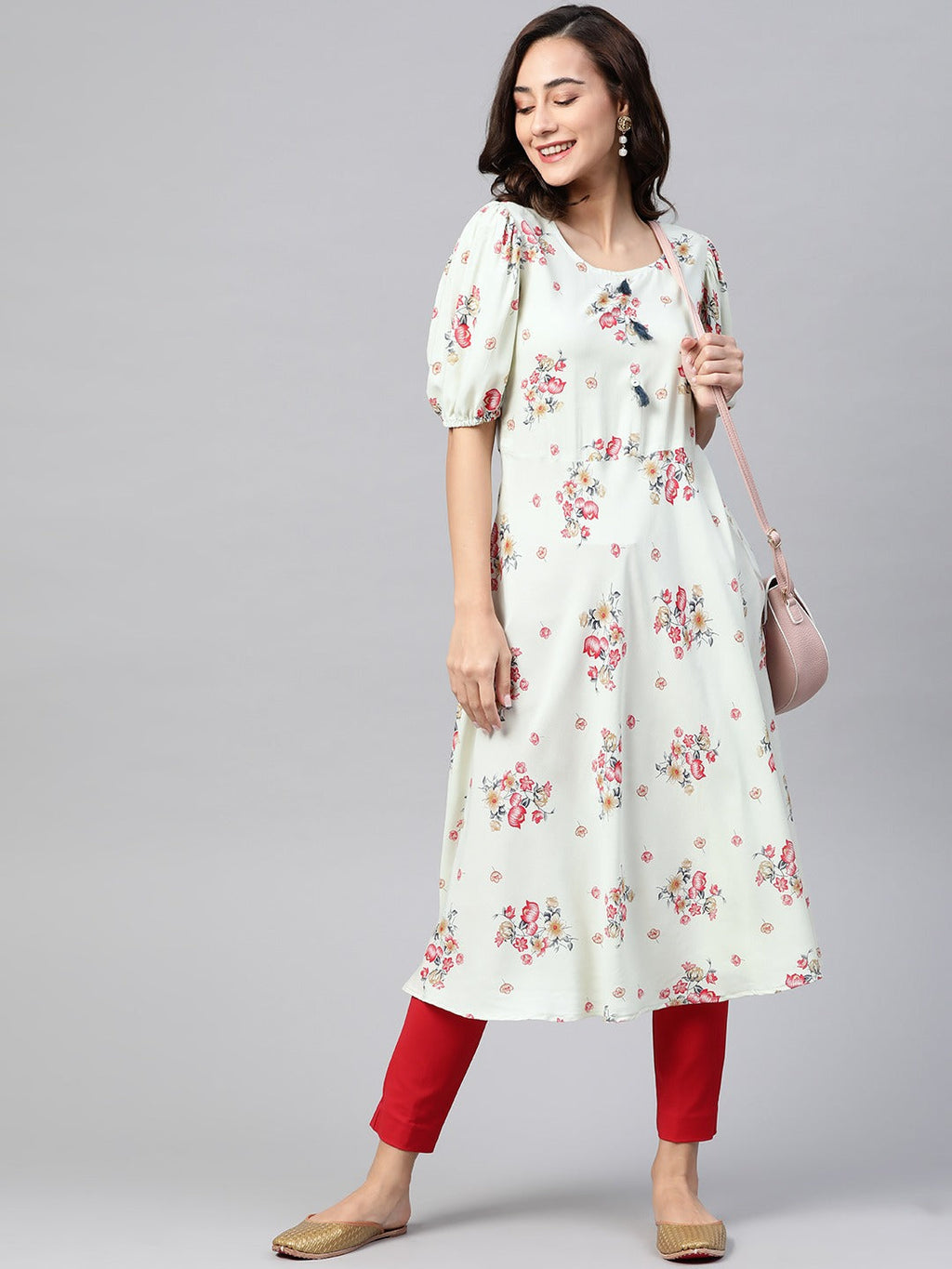Jompers Women Green & Red Floral Printed A-Line Kurta | Grocsy