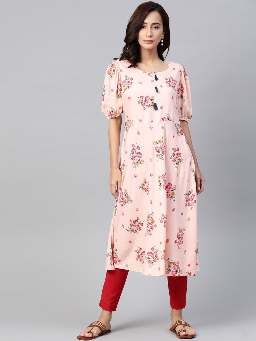 Jompers Women Pink & Red Floral Printed A-Line Kurta | Grocsy