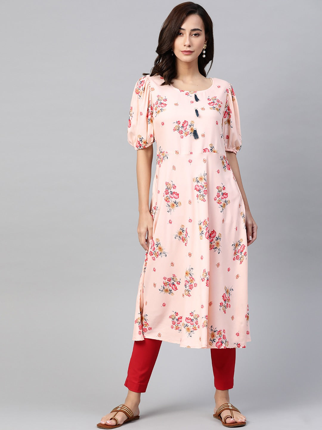 Jompers Women Pink & Red Floral Printed A-Line Kurta | Grocsy