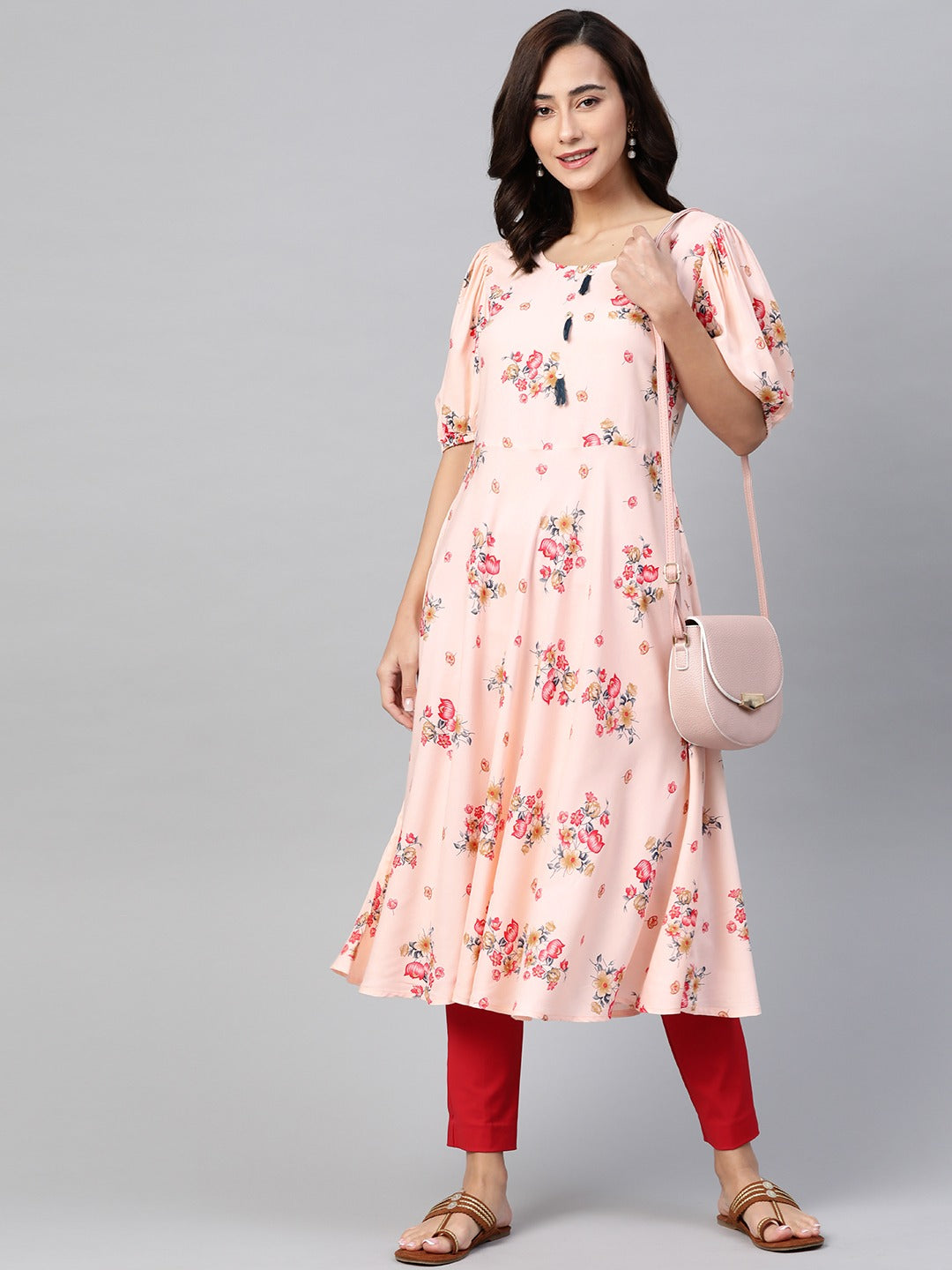 Jompers Women Pink & Red Floral Printed A-Line Kurta | Grocsy
