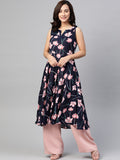 Jompers Women Navy Blue & Pink Floral Printed A-Line Kurta | Grocsy
