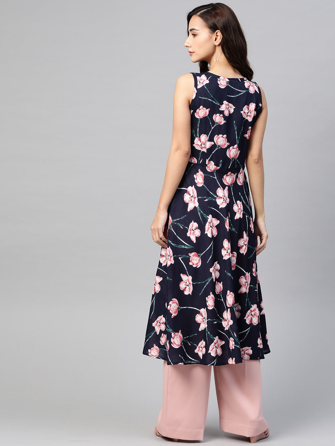 Jompers Women Navy Blue & Pink Floral Printed A-Line Kurta | Grocsy