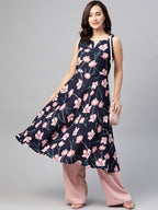 Jompers Women Navy Blue & Pink Floral Printed A-Line Kurta | Grocsy