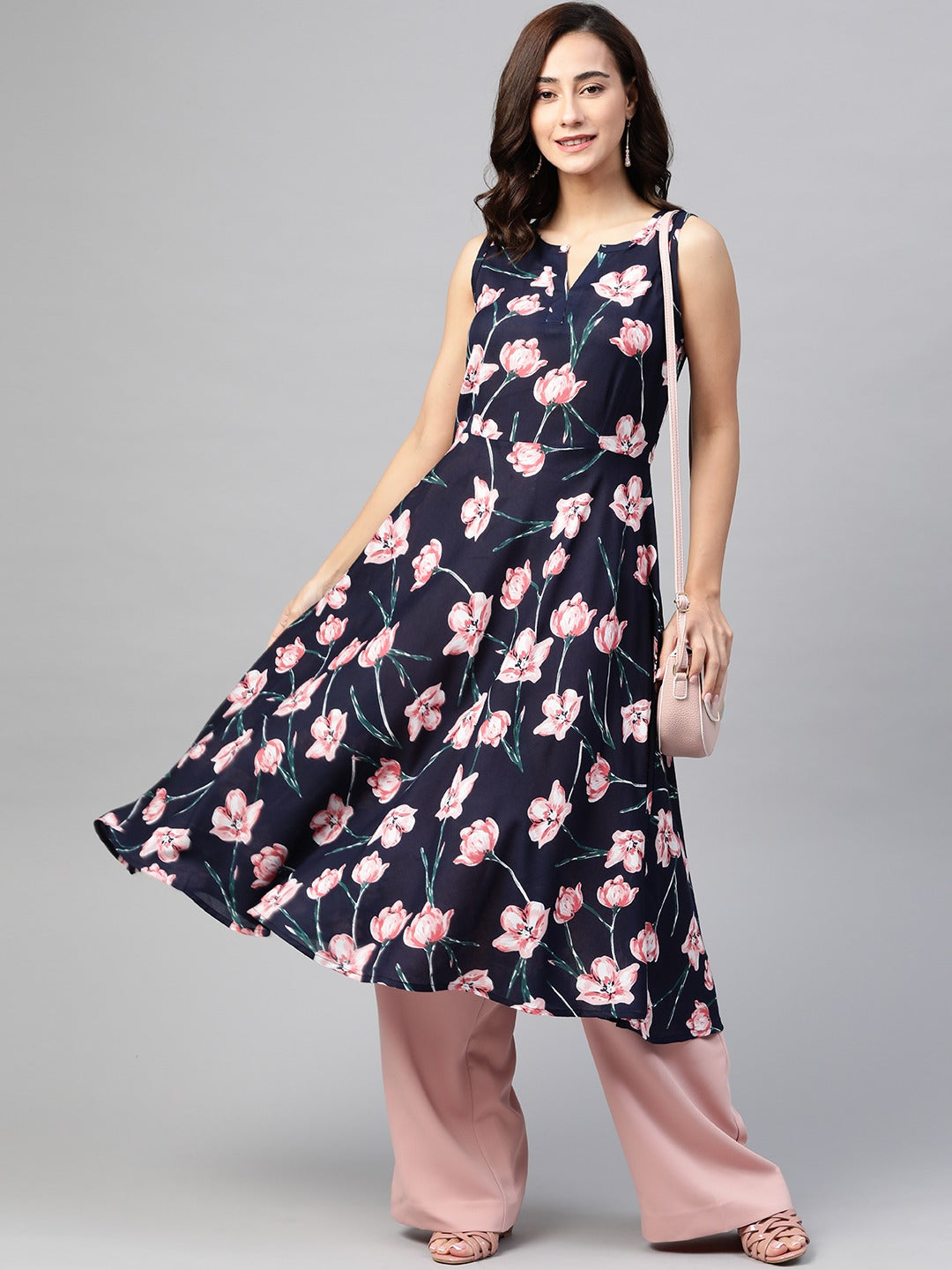 Jompers Women Navy Blue & Pink Floral Printed A-Line Kurta | Grocsy