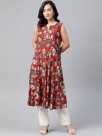 Jompers Women Maroon & Blue Ethnic Motifs Printed Flaired Kurta | Grocsy