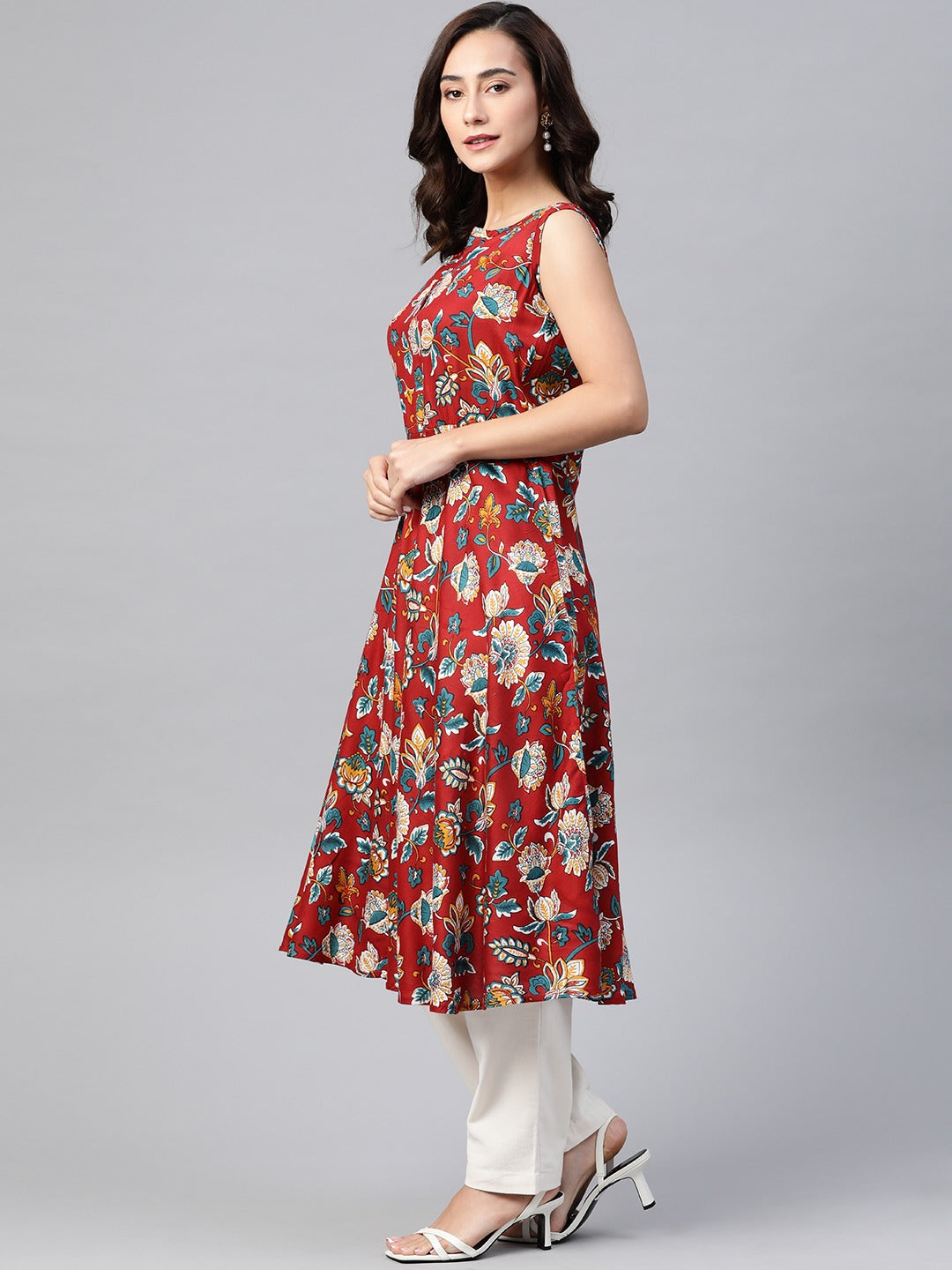 Jompers Women Maroon & Blue Ethnic Motifs Printed Flaired Kurta | Grocsy