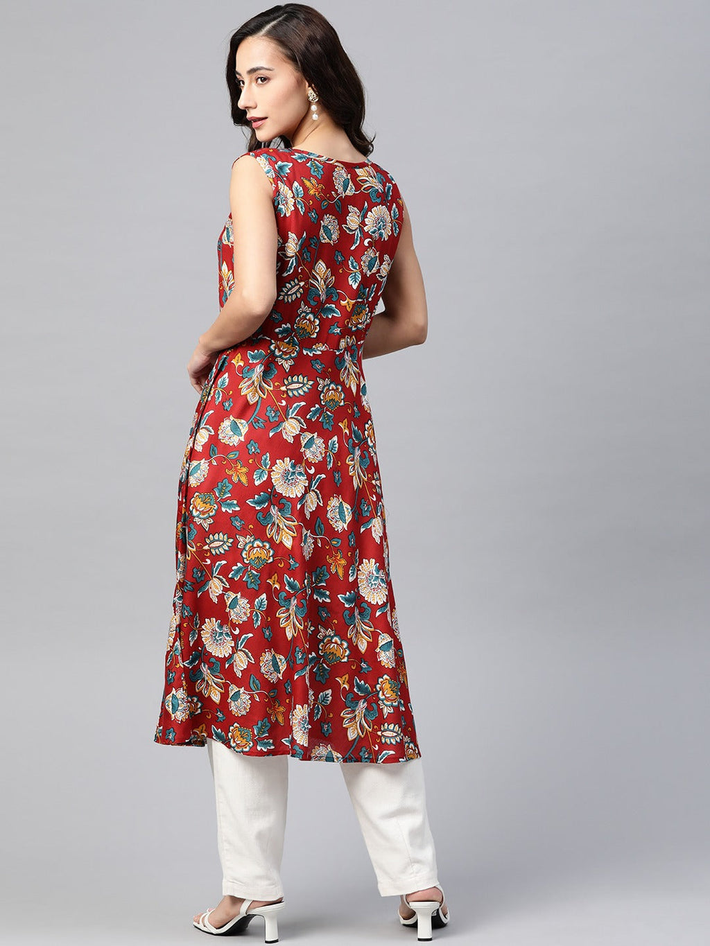 Jompers Women Maroon & Blue Ethnic Motifs Printed Flaired Kurta | Grocsy