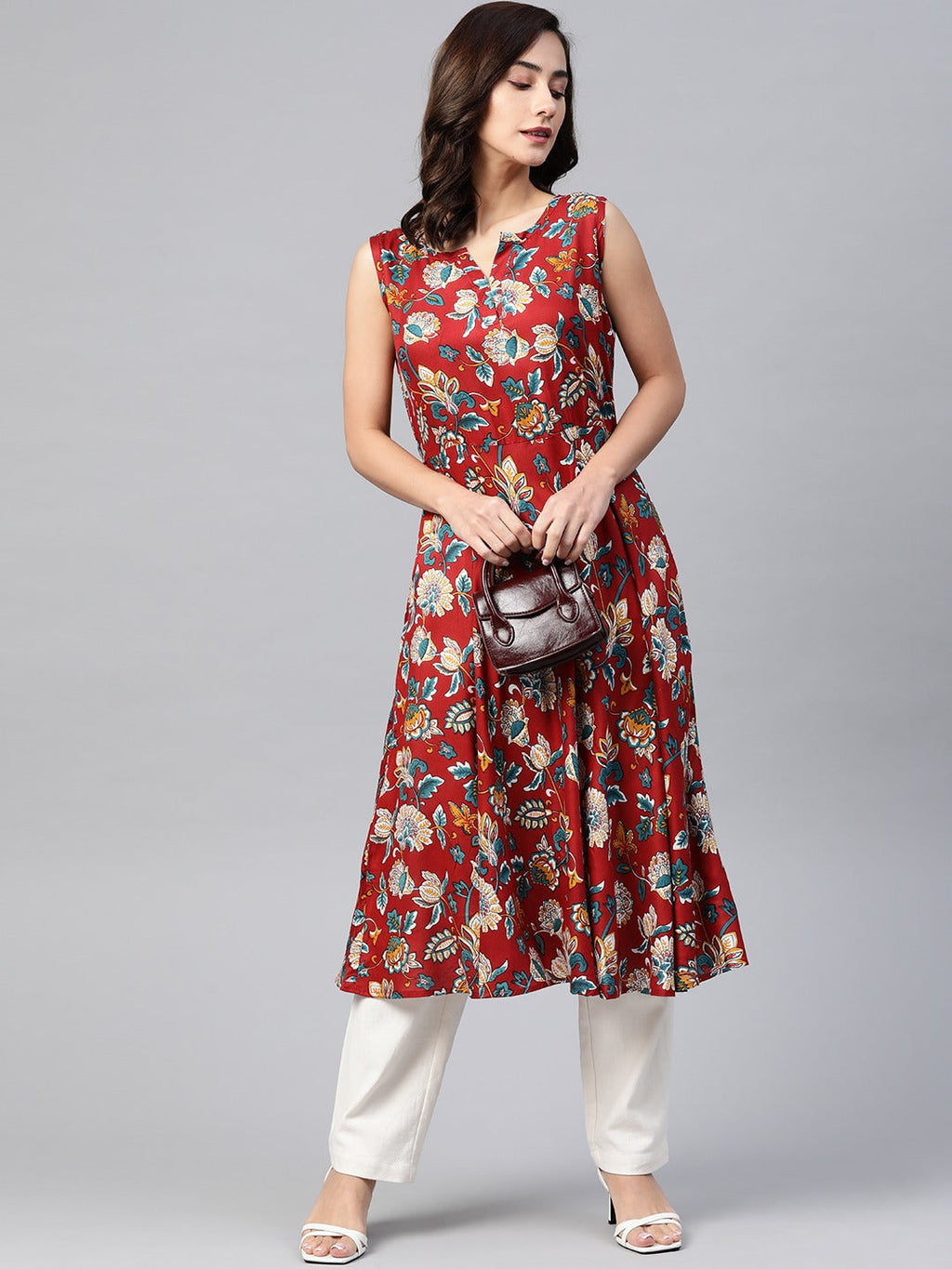 Jompers Women Maroon & Blue Ethnic Motifs Printed Flaired Kurta | Grocsy