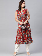 Jompers Women Maroon & Blue Ethnic Motifs Printed Flaired Kurta | Grocsy