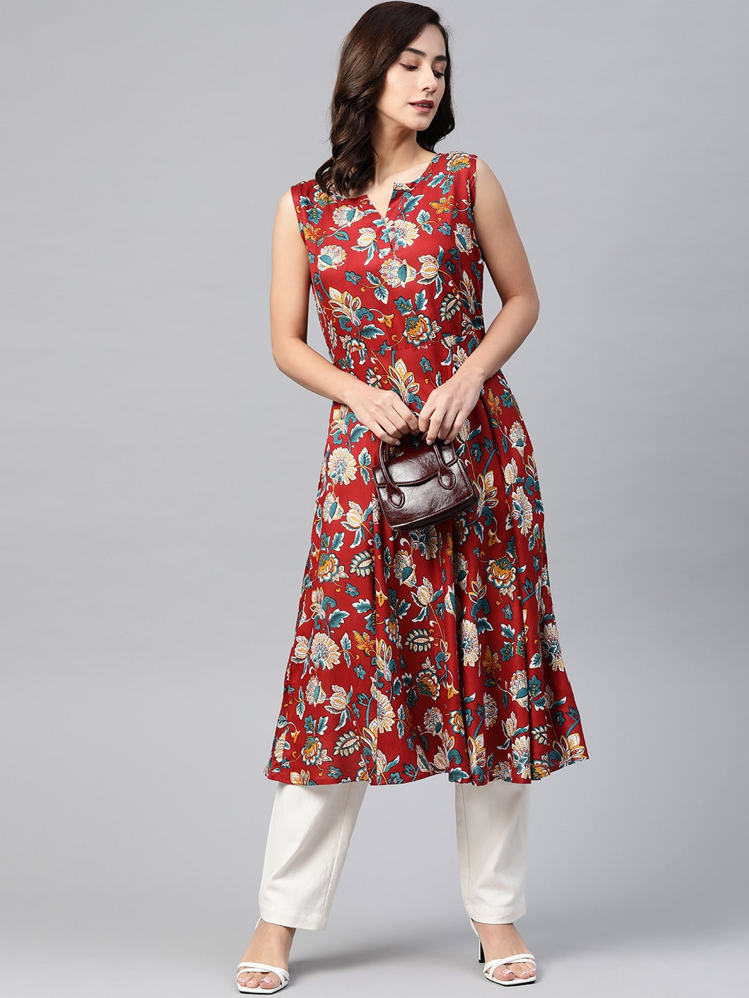 Jompers Women Maroon & Blue Ethnic Motifs Printed Flaired Kurta | Grocsy