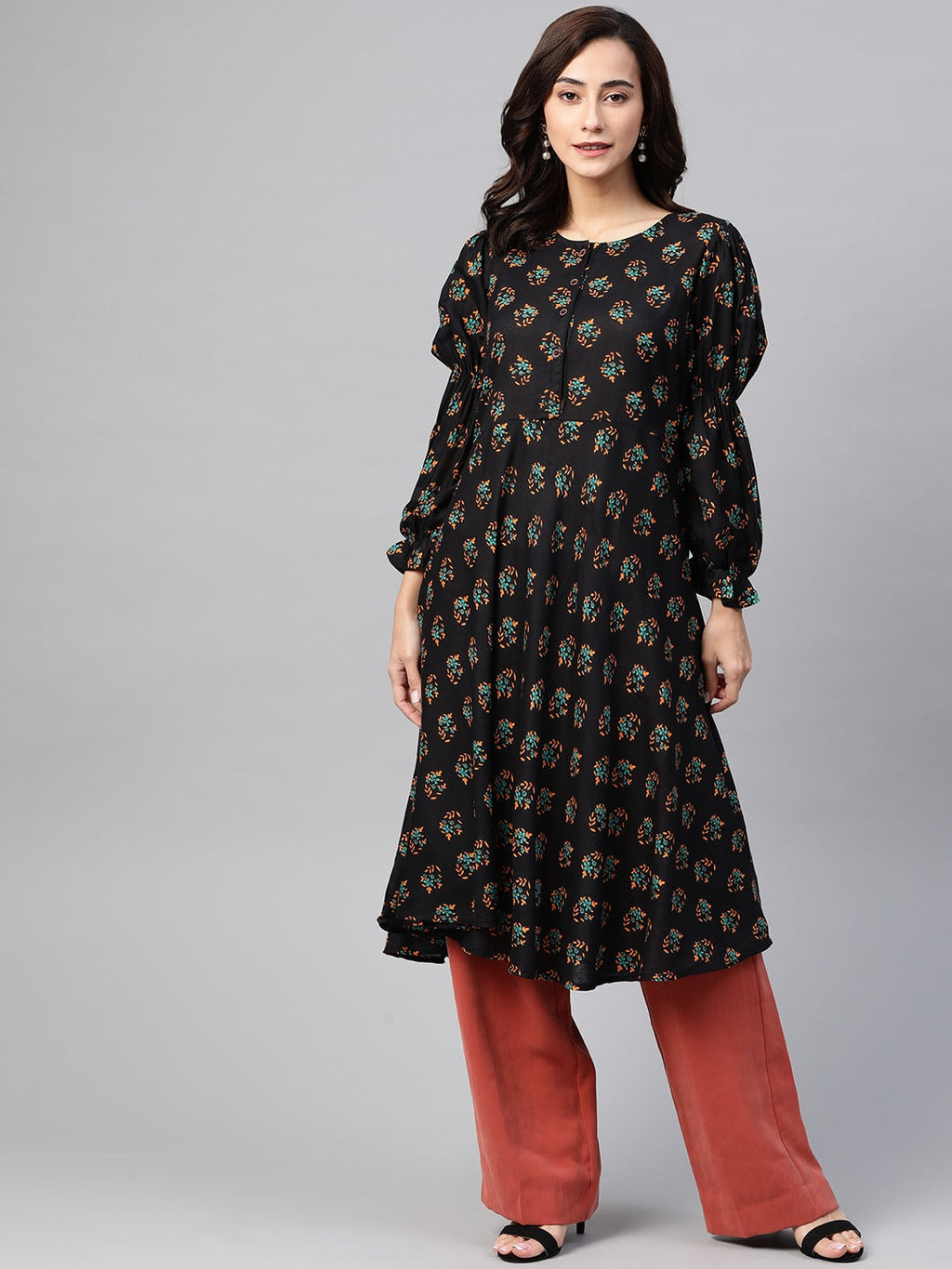 Jompers Women Black & Mustard Yellow Floral Printed A-Line Kurta | Grocsy