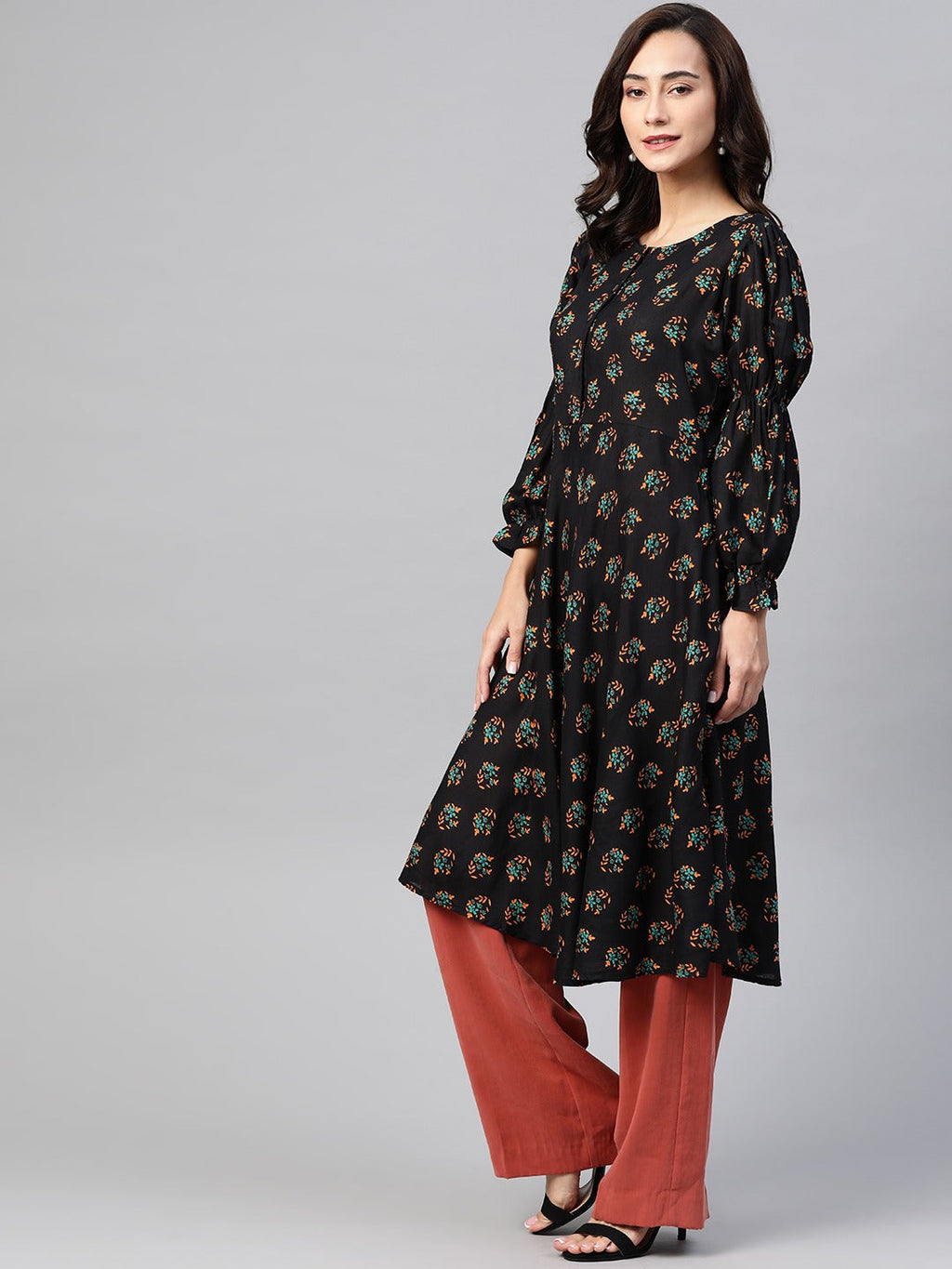 Jompers Women Black & Mustard Yellow Floral Printed A-Line Kurta | Grocsy