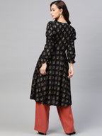 Jompers Women Black & Mustard Yellow Floral Printed A-Line Kurta | Grocsy