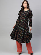 Jompers Women Black & Mustard Yellow Floral Printed A-Line Kurta | Grocsy