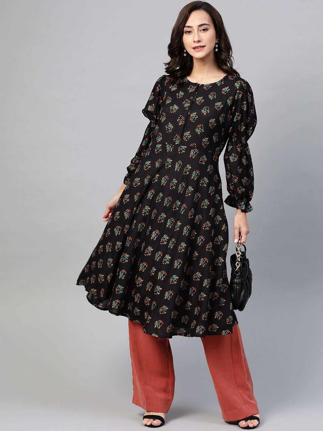 Jompers Women Black & Mustard Yellow Floral Printed A-Line Kurta | Grocsy