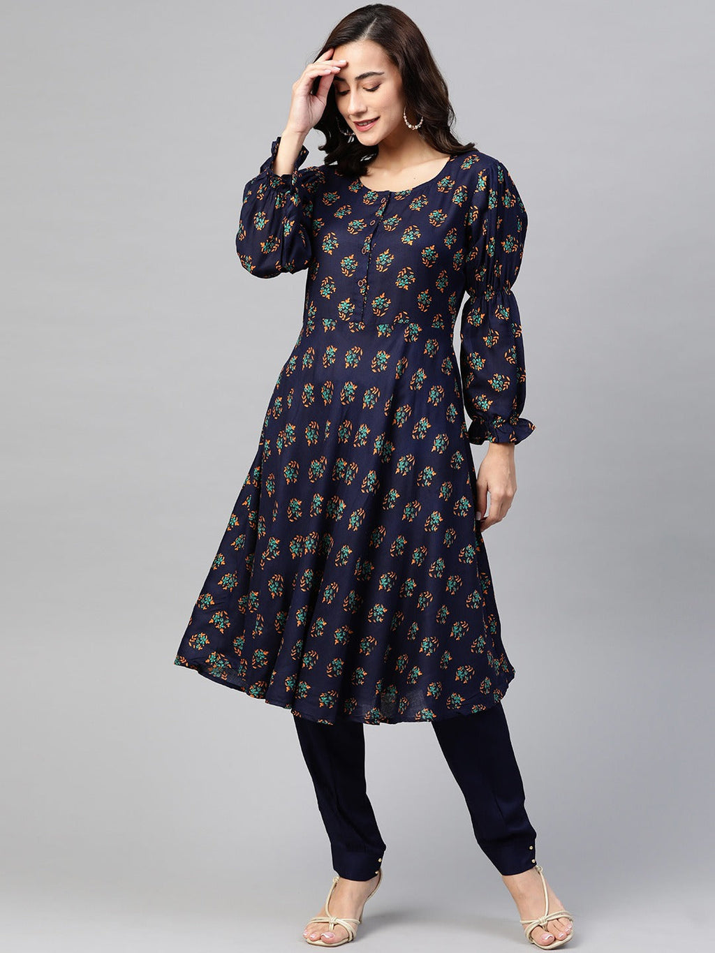 Jompers Women Navy & Mustard Yellow Floral Printed A-Line Kurta | Grocsy