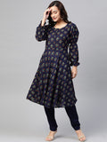 Jompers Women Navy & Mustard Yellow Floral Printed A-Line Kurta | Grocsy