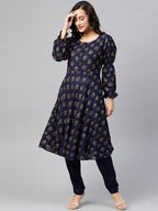 Jompers Women Navy & Mustard Yellow Floral Printed A-Line Kurta | Grocsy