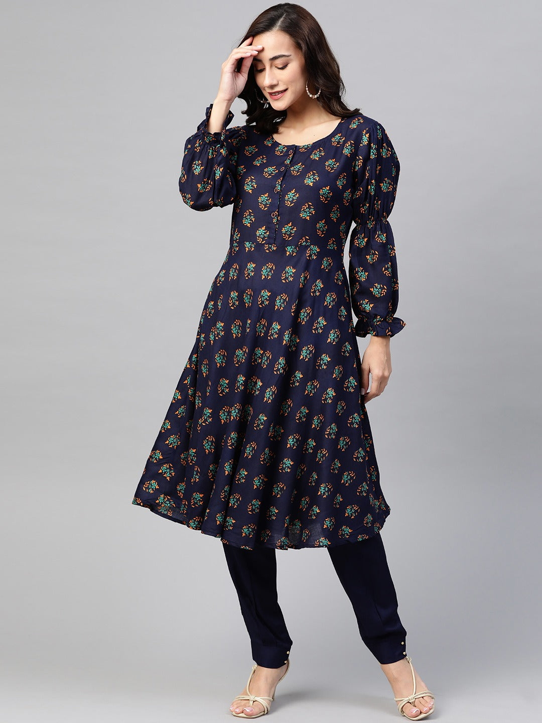 Jompers Women Navy & Mustard Yellow Floral Printed A-Line Kurta | Grocsy