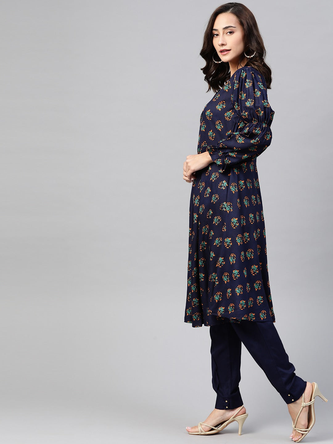 Jompers Women Navy & Mustard Yellow Floral Printed A-Line Kurta | Grocsy