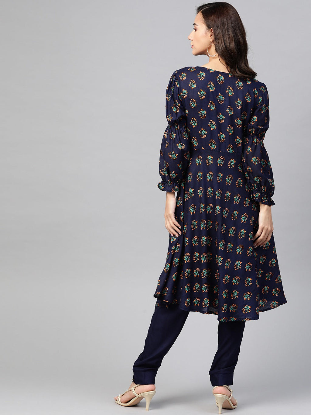 Jompers Women Navy & Mustard Yellow Floral Printed A-Line Kurta | Grocsy