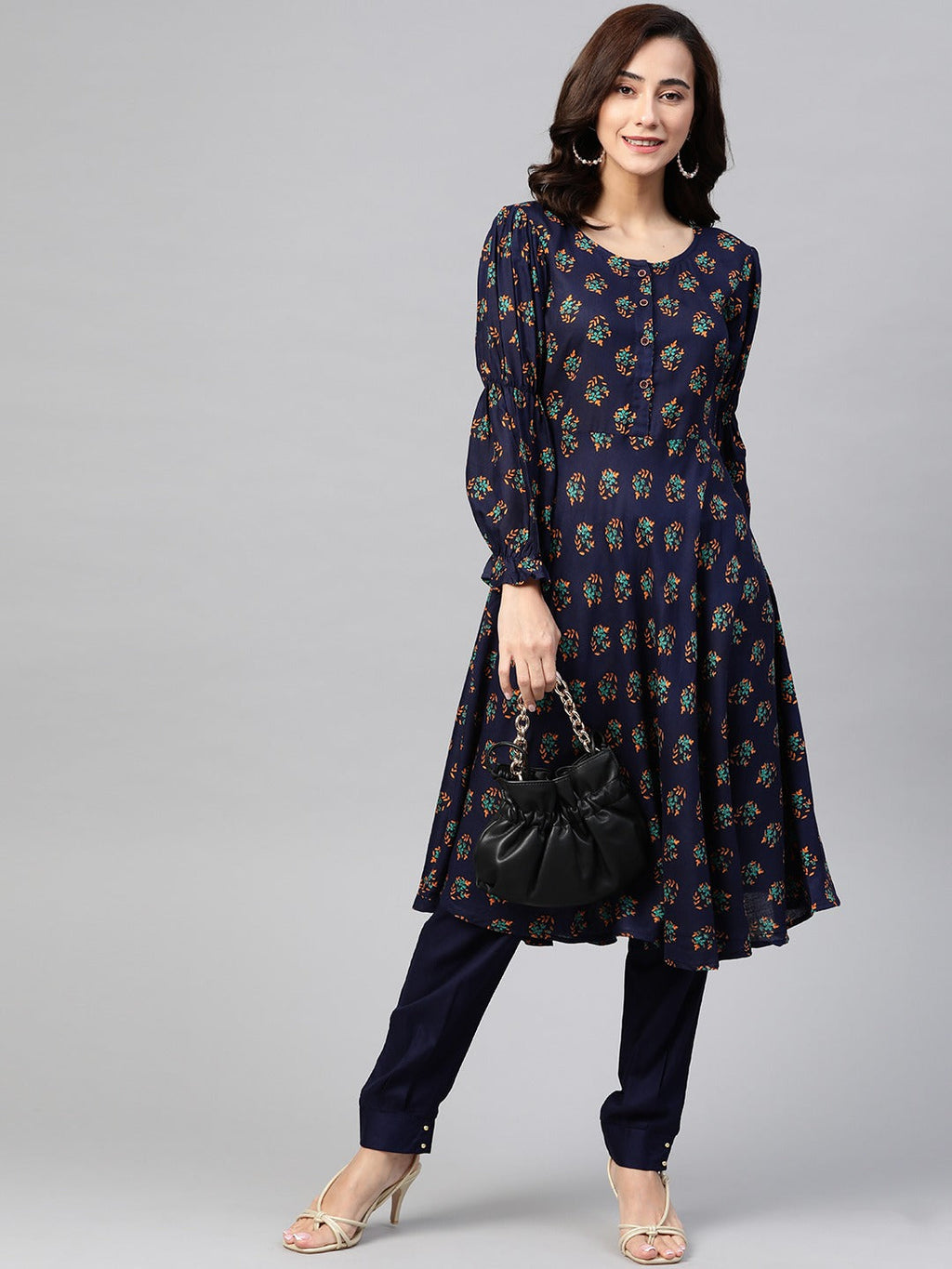 Jompers Women Navy & Mustard Yellow Floral Printed A-Line Kurta | Grocsy