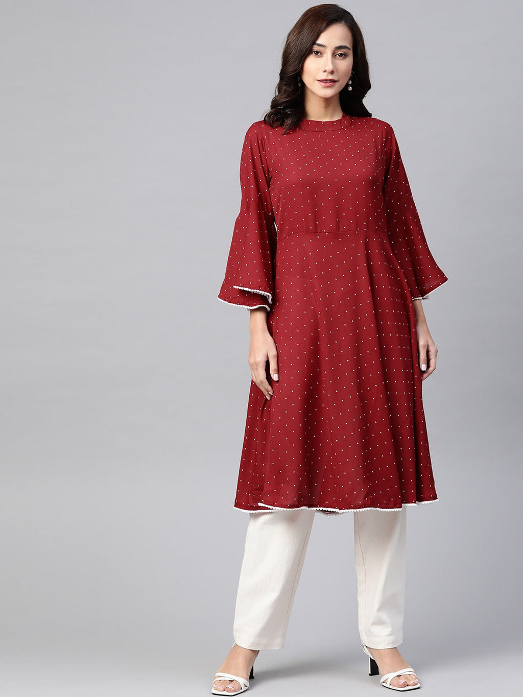 Jompers Women Maroon & White Polka Dots Print Bell Sleeves Anarkali Kurta | Grocsy